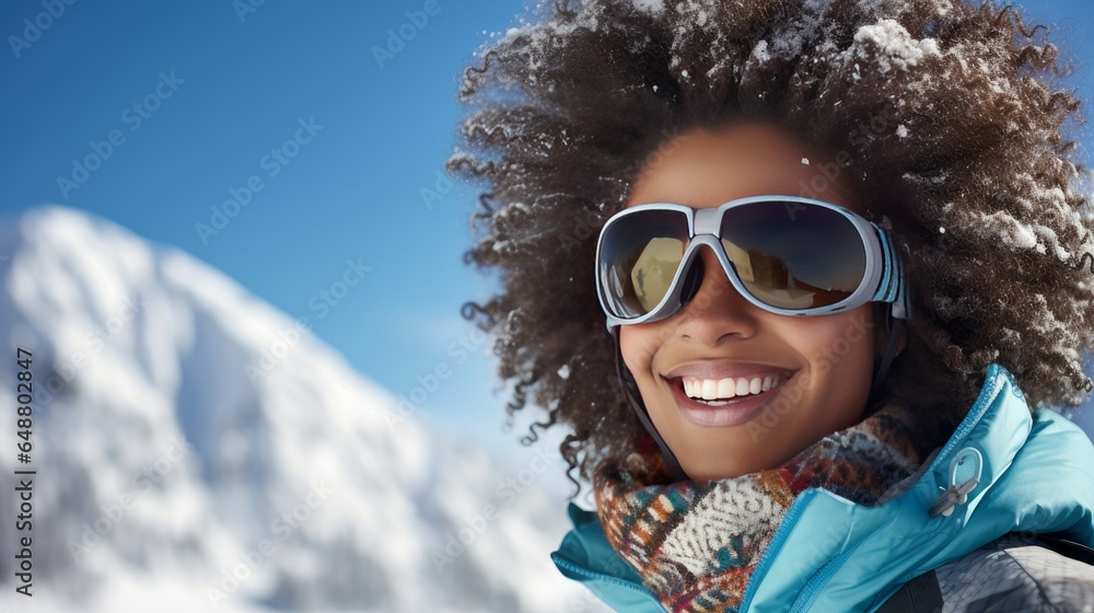 portrait of young smiling afro woman with snowy background portrait of young smiling afro woman with snowy background