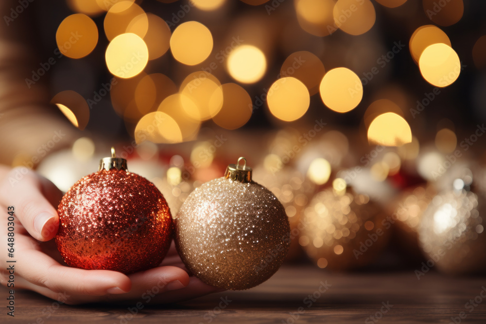 Christmas and New Year background, golden light ball ornament in winter Christmas and New Year background, golden light ball ornament in winter