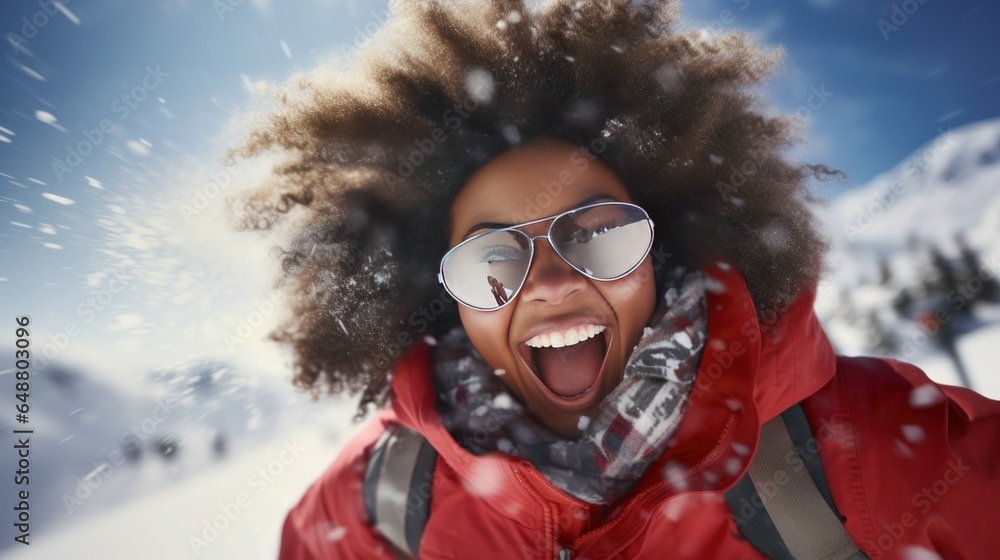afro woman enjoying in the snow afro woman enjoying in the snow