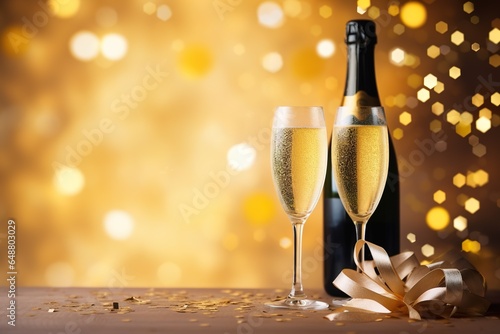 A champagne bottle and two glasses with confetti stars, bokeh decoration, and party streamers on a golden background