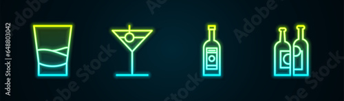 Set line Glass of vodka, Martini glass, bottle and Bottles wine. Glowing neon icon. Vector