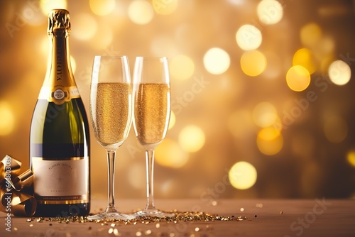 A champagne bottle and two glasses with confetti stars, bokeh decoration, and party streamers on a golden background