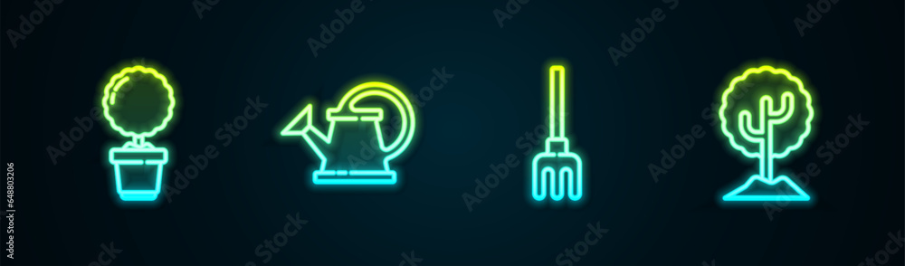 Set line Flower in pot, Watering can, Garden rake and Tree. Glowing neon icon. Vector Set line Flower in pot, Watering can, Garden rake and Tree. Glowing neon icon. Vector