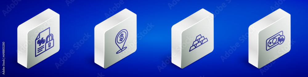 Set Isometric line Finance document and lock, Cash location, Gold bars and Money percent icon. Vector Set Isometric line Finance document and lock, Cash location, Gold bars and Money percent icon. Vector
