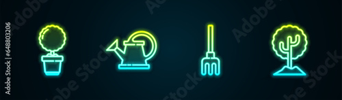 Set line Flower in pot, Watering can, Garden rake and Tree. Glowing neon icon. Vector