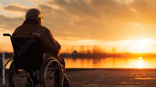 old man in a wheelchair looking at the sunset