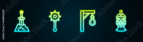 Set line Sword in the stone, Medieval chained mace ball, Gallows and iron helmet. Glowing neon icon. Vector