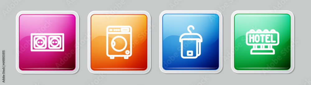 Set line Electrical outlet, Washer, Towel on hanger and Signboard with text Hotel. Colorful square button. Vector Set line Electrical outlet, Washer, Towel on hanger and Signboard with text Hotel. Colorful square button. Vector