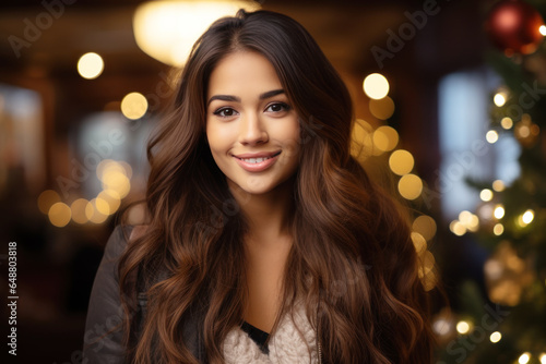 Indian woman smile in front of christmas tree  happy young female