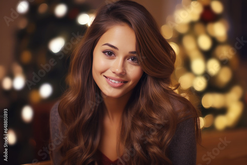 Indian woman smile in front of christmas tree, happy young female