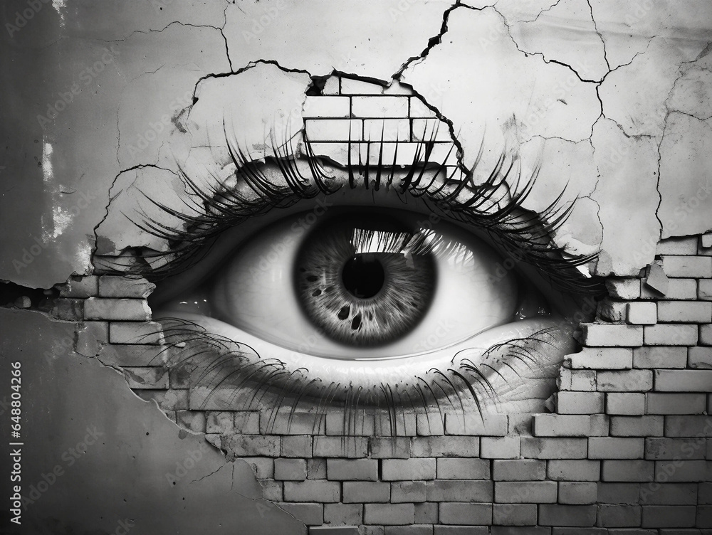 A Black and White Image of an Eye Staring Through a Crack in a Concrete Wall