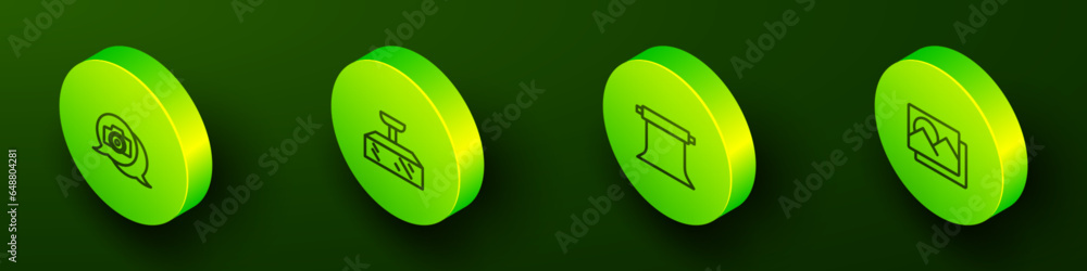Set Isometric line Photo camera, Softbox light, Empty photo studio and frame icon. Vector Set Isometric line Photo camera, Softbox light, Empty photo studio and frame icon. Vector