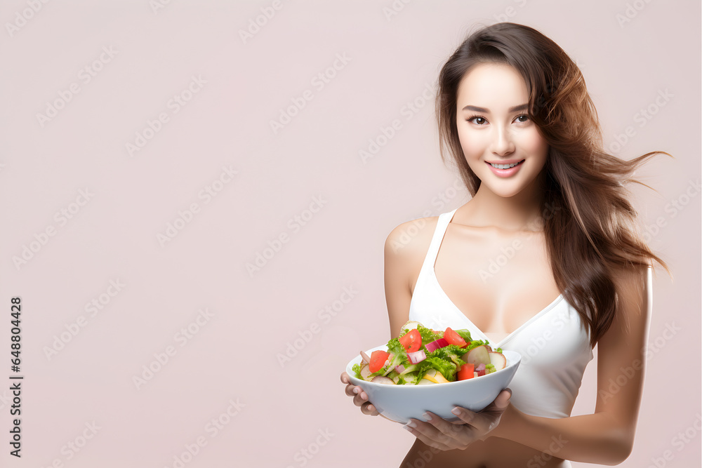 Beautiful, healthy vegetarian asian female model Holding a salad bowl full of fresh vegetables on isolated background, Advertising health product and supplementary food, diet, Generative AI Beautiful, healthy vegetarian asian female model Holding a salad bowl full of fresh vegetables on isolated background, Advertising health product and supplementary food, diet, Generative AI