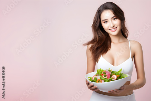 Beautiful, healthy vegetarian asian female model Holding a salad bowl full of fresh vegetables on isolated background, Advertising health product and supplementary food, diet, Generative AI