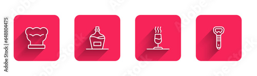 Set line Chef hat, Old bottle of wine, Wine tasting, degustation and Bottle opener with long shadow. Red square button. Vector