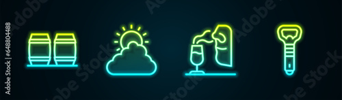 Set line Wooden barrel for wine, Sun and cloud weather, Sommelier and Bottle opener. Glowing neon icon. Vector