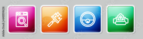Set line Washer, Rubber cleaner for windows, Robot vacuum and Wet wipe pack. Colorful square button. Vector