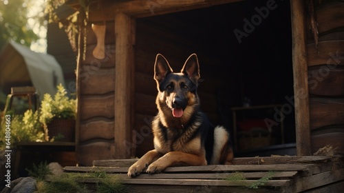 Describe the different animals that visit the yard and how the German shepherd reacts to them from its dog house.