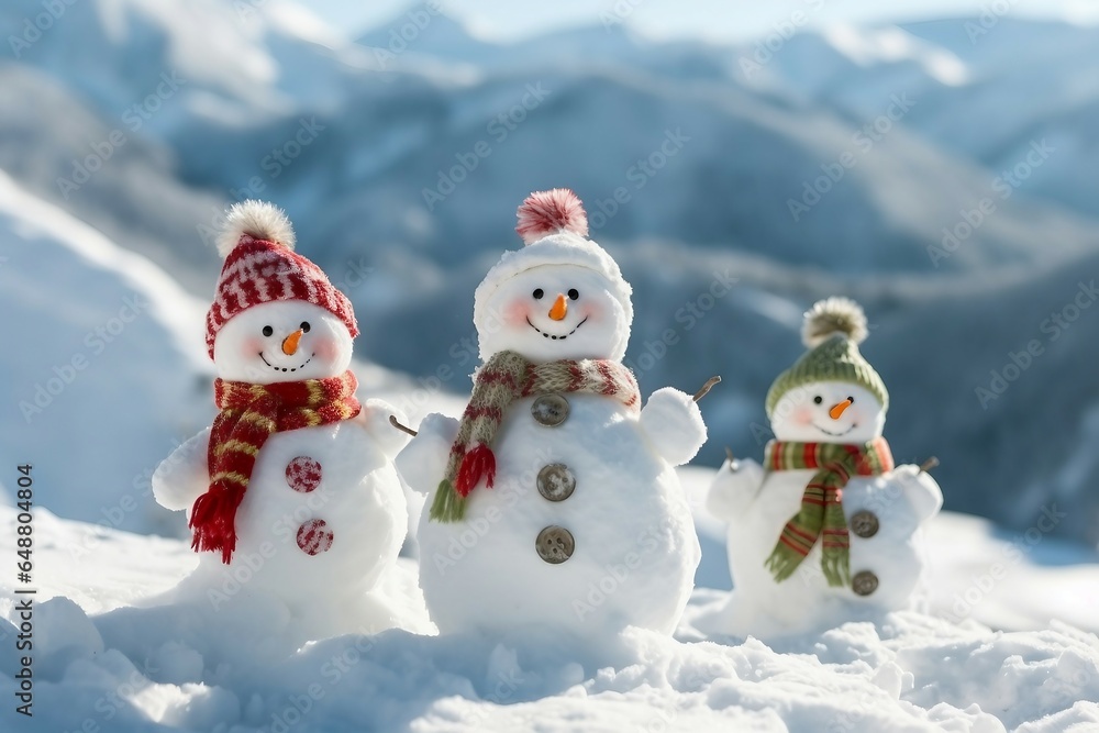 Obraz premium Happy snowmans in mountains, copy space. generative ai.