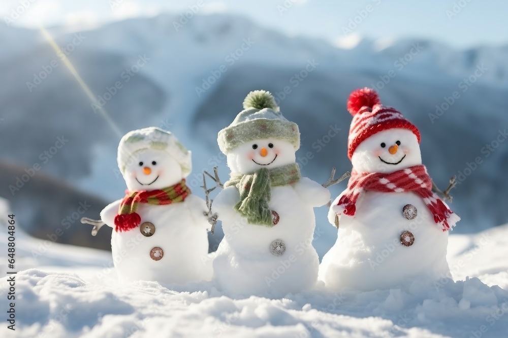 Happy snowmans in mountains, copy space. generative ai. Happy snowmans in mountains, copy space. generative ai.