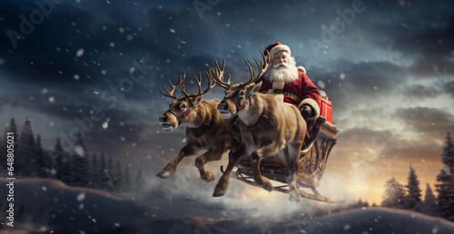 Foto Santa in his sleigh on background dark forest. Generative AI