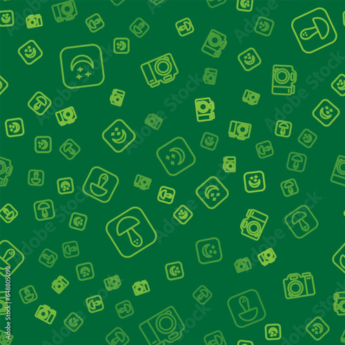 Set line Moon and stars, Mushroom and Photo camera on seamless pattern. Vector