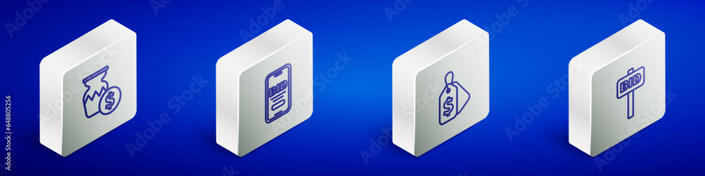 Set Isometric line Auction ancient vase, Online auction, Price tag with Sale and Hand holding paddle icon. Vector Set Isometric line Auction ancient vase, Online auction, Price tag with Sale and Hand holding paddle icon. Vector