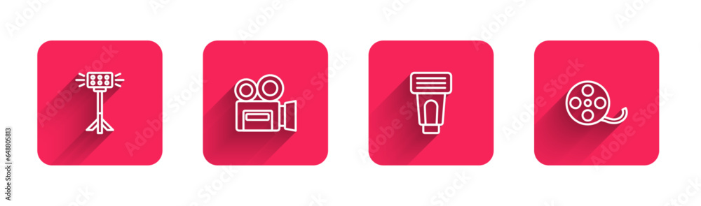 Set line Studio light bulb in softbox, Retro cinema camera, Photo flash and Film reel with long shadow. Red square button. Vector Set line Studio light bulb in softbox, Retro cinema camera, Photo flash and Film reel with long shadow. Red square button. Vector