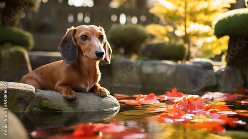Emphasize the dachshund's peaceful demeanor as it gazes at a pet-friendly hotel's koi pond.