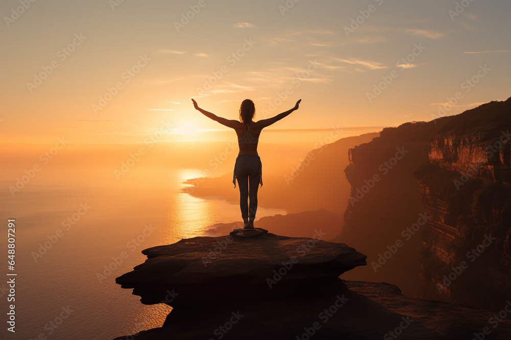 Person practicing yoga on a cliff edge, overlooking a vast ocean, during sunrise, portraying a sense of balance and vastness