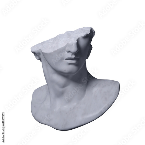 3D rendering illustration of a broken marble fragment of head sculpture in classical style in monochromatic grey tones isolated on white background. 