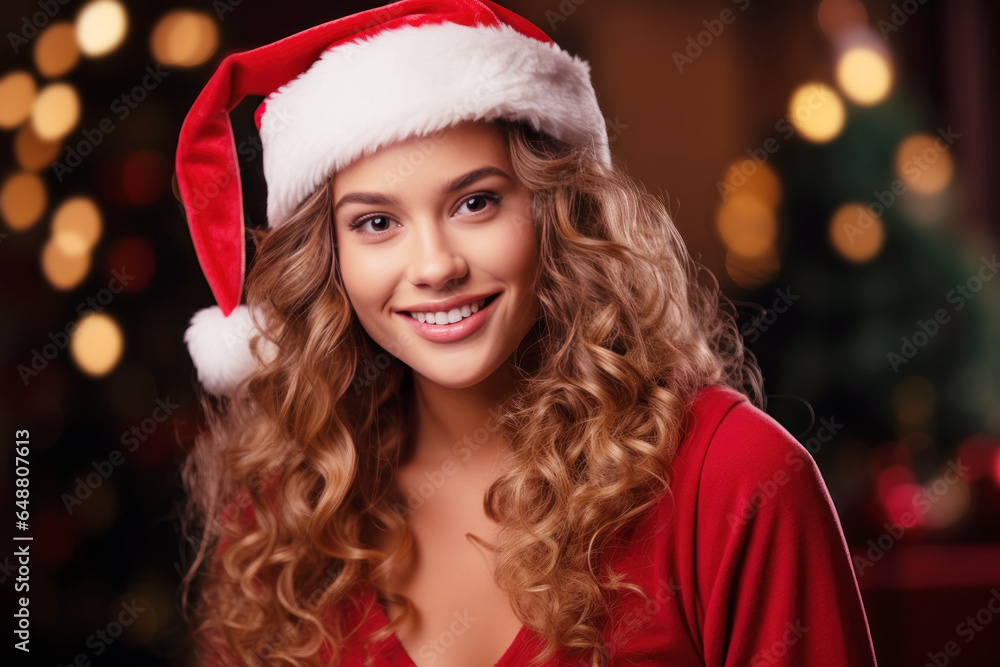 Happy brunette woman smile with santa hat, christmas tree decoration Happy brunette woman smile with santa hat, christmas tree decoration