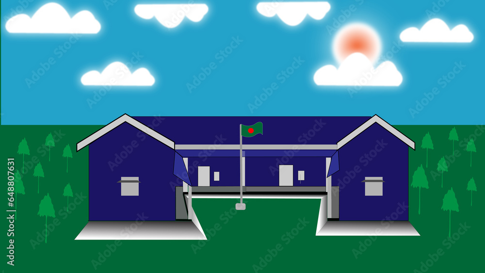 Abstract colorful home design with cloud and sun sky illustration background.