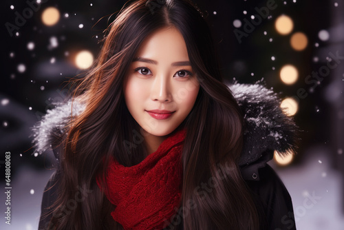 Happy asian woman smile enjoys snowy winter, christmas holiday
