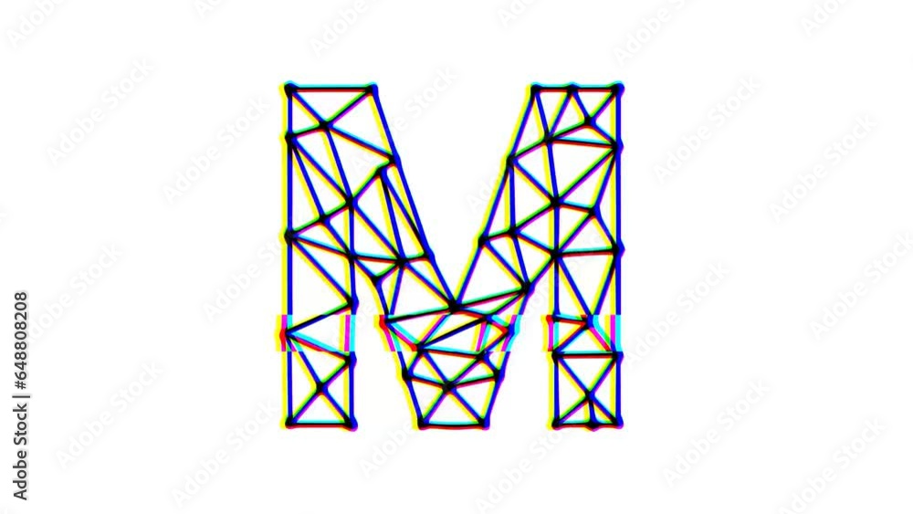 Polygonal letter m animation with glitch effect on white background, 4k resolution video, text motion graphic Polygonal letter m animation with glitch effect on white background, 4k resolution video, text motion graphic