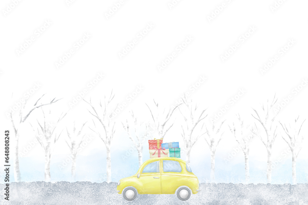 Obraz premium プレゼントを乗せた黄色い車が雪降る並木道をドライブする水彩フレーム。クリスマスや冬のお祝い向けのイラスト。