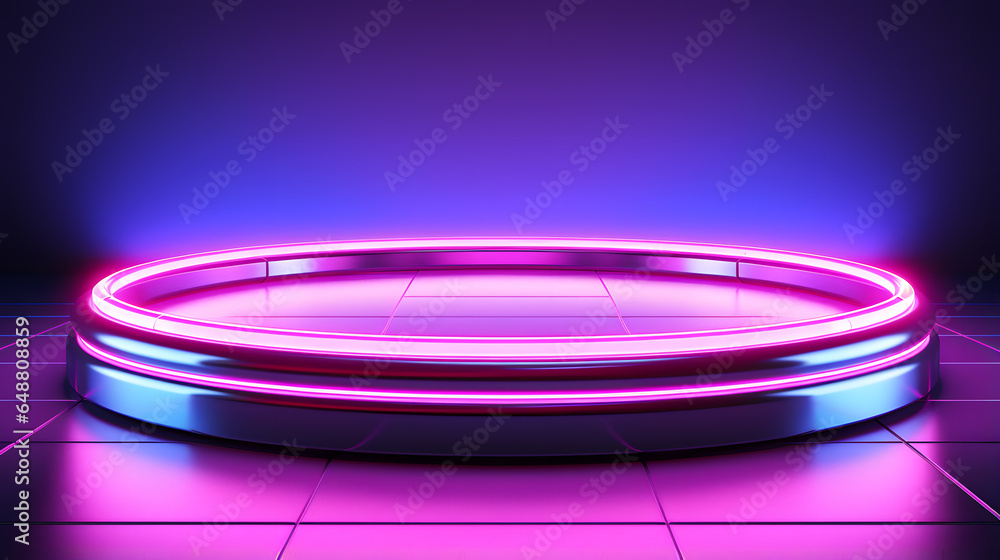 Neon circle podium illuminated in dark room. 3D Rendering Neon circle podium illuminated in dark room. 3D Rendering
