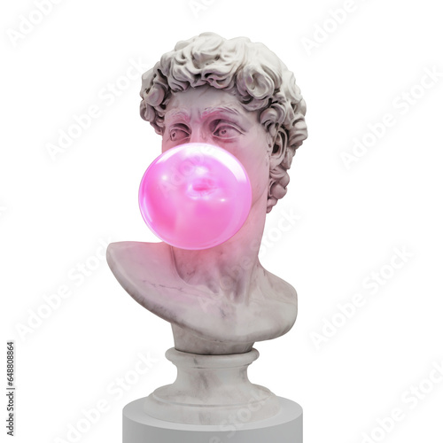 Funny concept illustration from 3d rendering of classical head sculpture blowing a pink chewing gum bubble. Isolated on blue background. photo