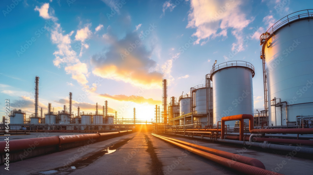 Close up Industrial view at oil refinery plant form industry zone with sunrise and cloudy sky