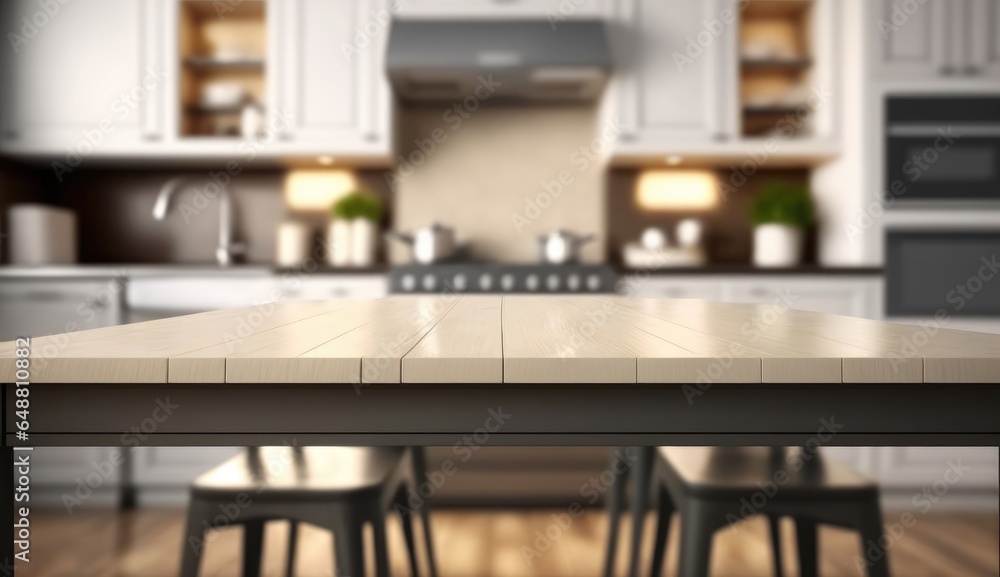 Empty luxury modern table with blurry background of kitchen, AI generated Empty luxury modern table with blurry background of kitchen, AI generated