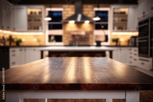 Empty luxury modern table with blurry background of kitchen, AI generated