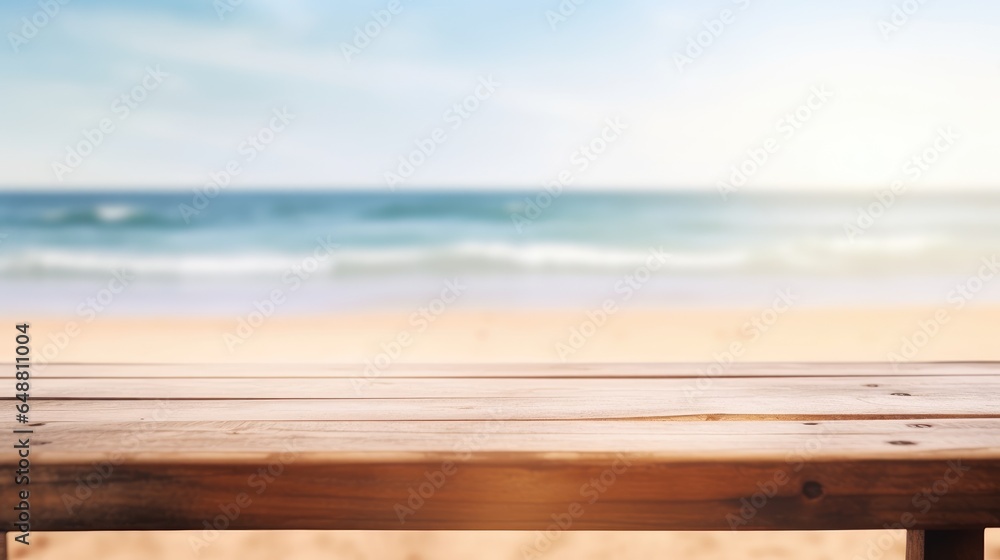 Empty modern wooden table on a summer beach, AI generated
