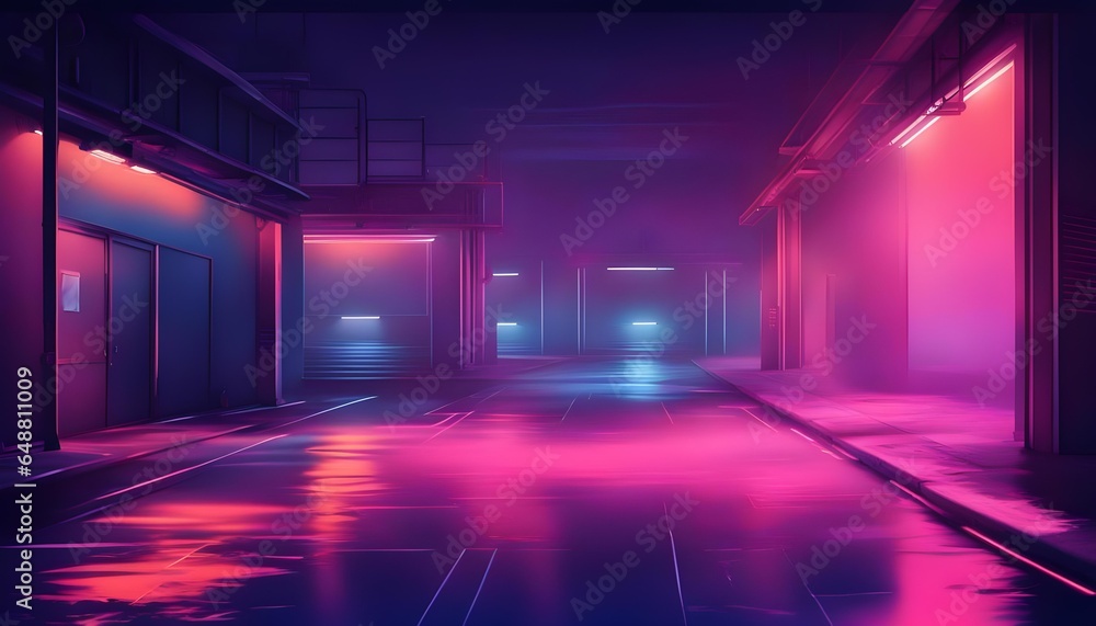 A blue background, an empty dark scene, neon light, spotlights The asphalt floor.