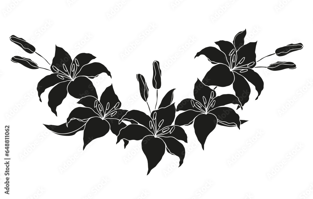 Lilly flower silhouette garland for design of card or invite.Vector hand drawn illustration, isolate on white background Lilly flower silhouette garland for design of card or invite.Vector hand drawn illustration, isolate on white background