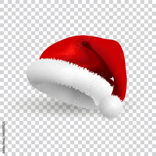 Santa Claus hat isolated on transparent background. Realistic Vector. 3d Illustration.