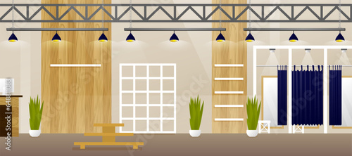 Illustration of an empty stylish shop hall with shelves and fitting rooms.Vector