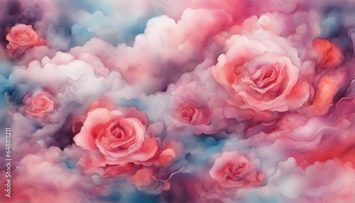 Abstract pink roses with blue clouds in the sky with watercolor theme.