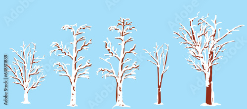Set of snowed trees for winter landscapes and design elements. Vector illustration isolated on blue background.