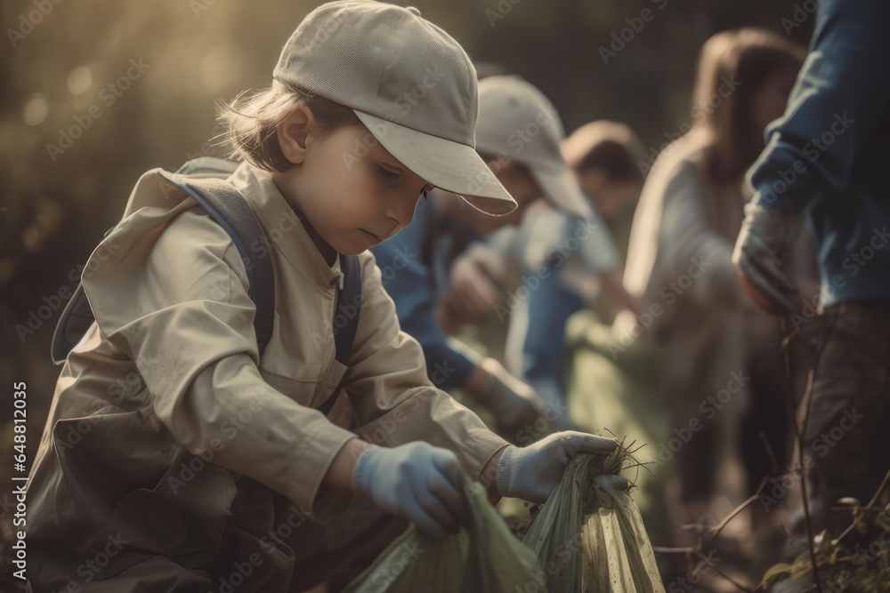 Children picking up trash outdoor. Generate Ai