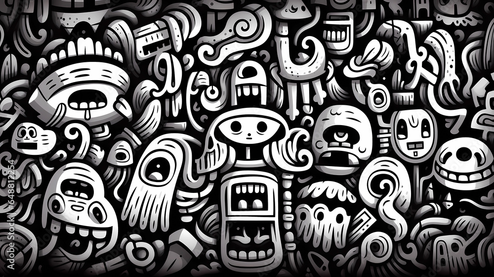 Hand drawn cartoon abstract artistic black and white graffiti pattern
